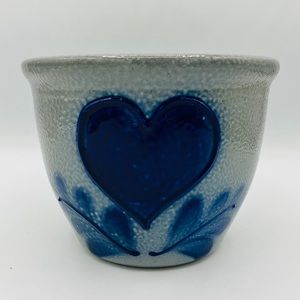Eldreth Pottery Small Blue Heart Salt Glaze Planter Crock Stoneware Signed 2003